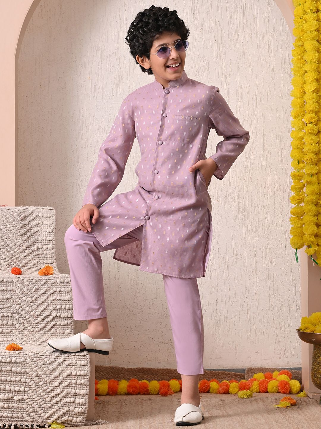 Indi Loom Couture Boys Lavender Chanderi Booti Kurta with Trouser Set ILBKS08