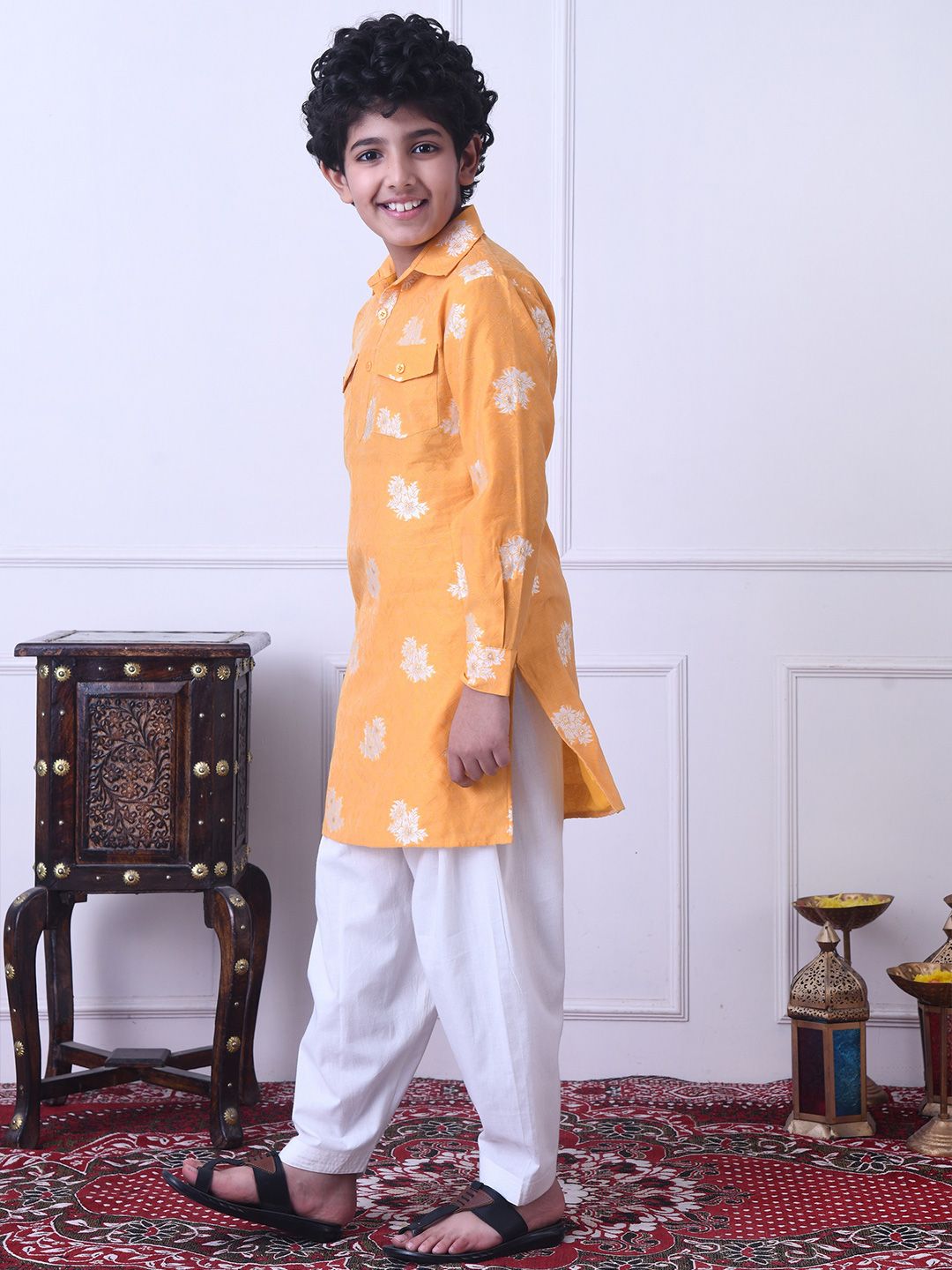 Indi Loom Couture Boys Mustard Yellow Jaquard Kurta with White Salwar Set ILBKS01