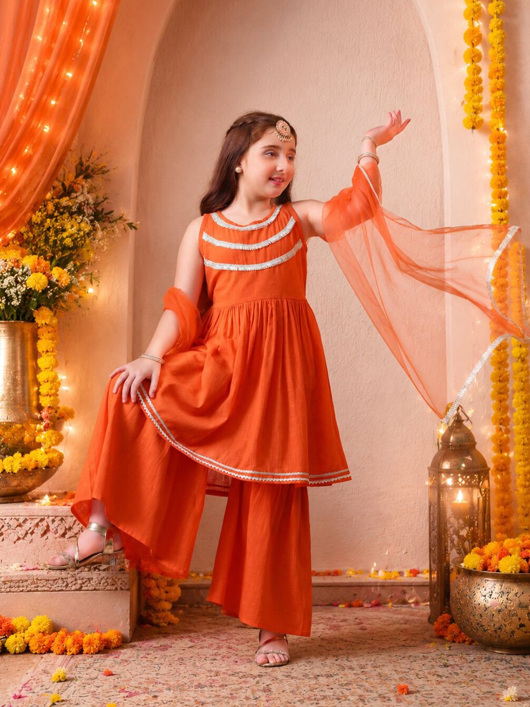 Girls Orange Kurta Sharara Set with Dupatta ILKSD53
