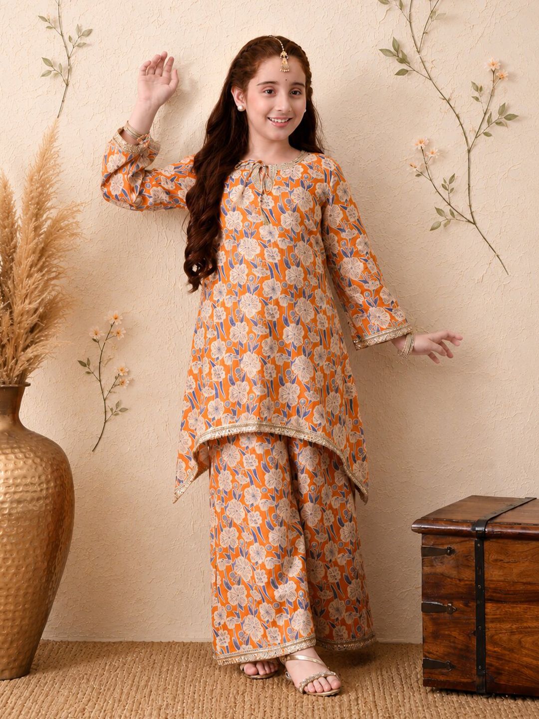 Indi Loom Couture Girls Mustard Floral Printed Kurta with Palazzo Set ILKS78