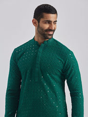 VASTRAMAY Men's Green And White Rayon Cotton Kurta Pyjama Set