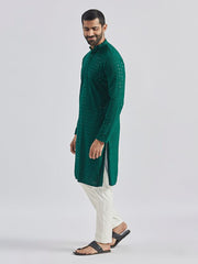 VASTRAMAY Men's Green And White Rayon Cotton Kurta Pyjama Set