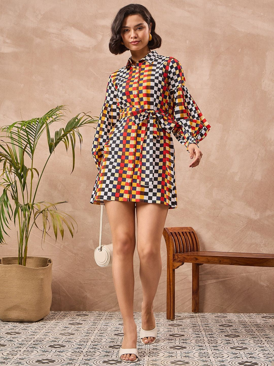 Zummer Multi Checkered Puff Sleeves Shirt Dress