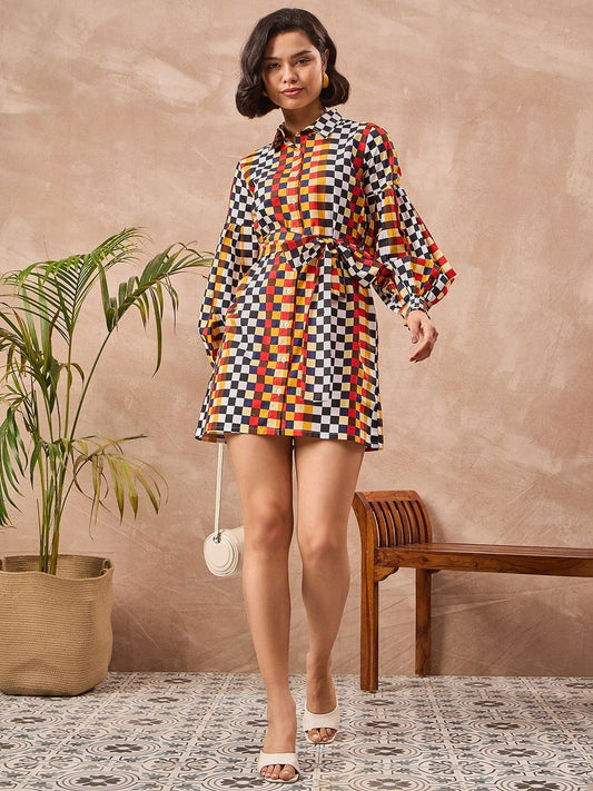 Zummer Multi Checkered Puff Sleeves Shirt Dress