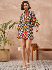 Zummer Multi Checkered Puff Sleeves Shirt Dress