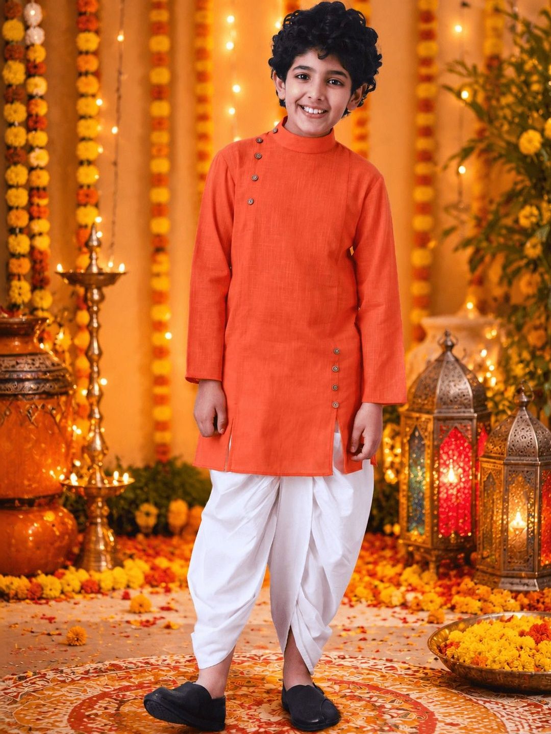 Indi Loom Couture Boys Orange Solid Ethnic Kurta with Dhoti Pant Set ILBKS16