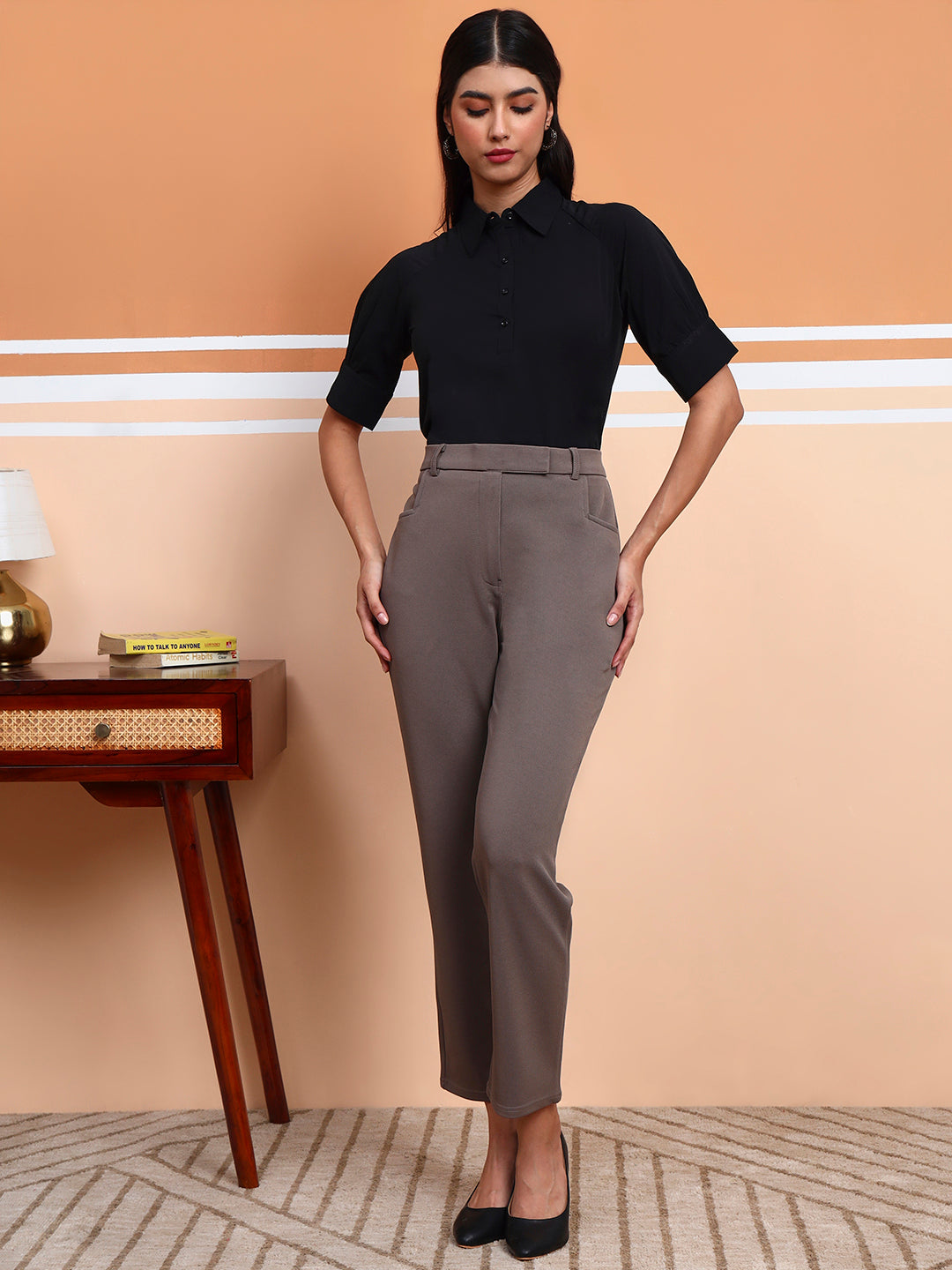 womens work straight high rise wrinkle free formal beige trousers