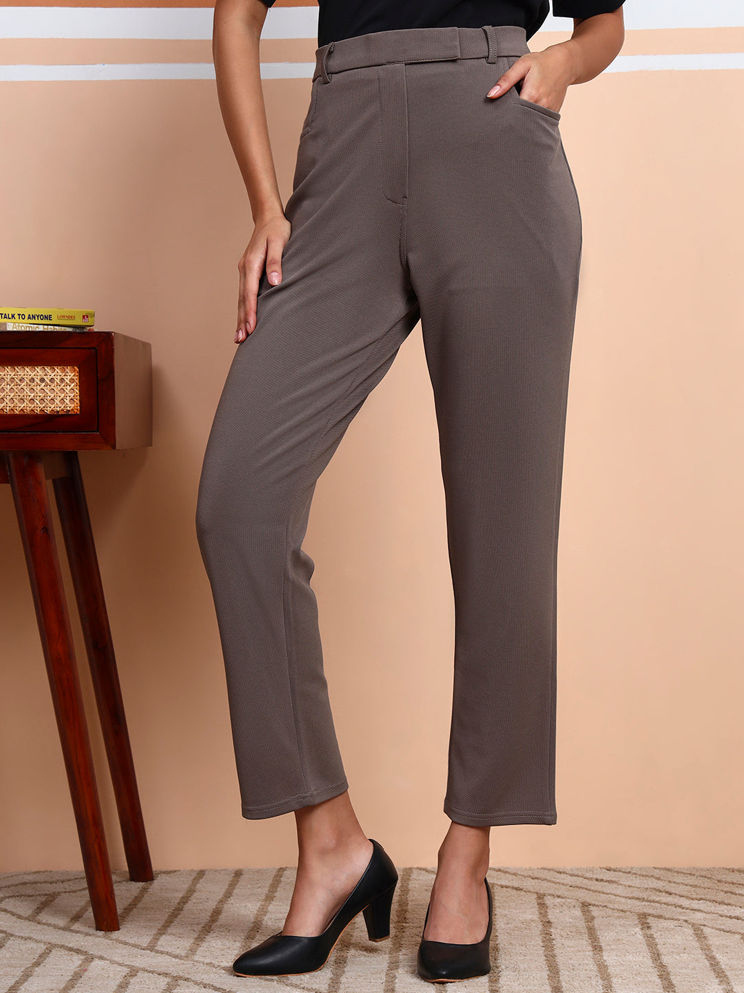 womens work straight high rise wrinkle free formal beige trousers