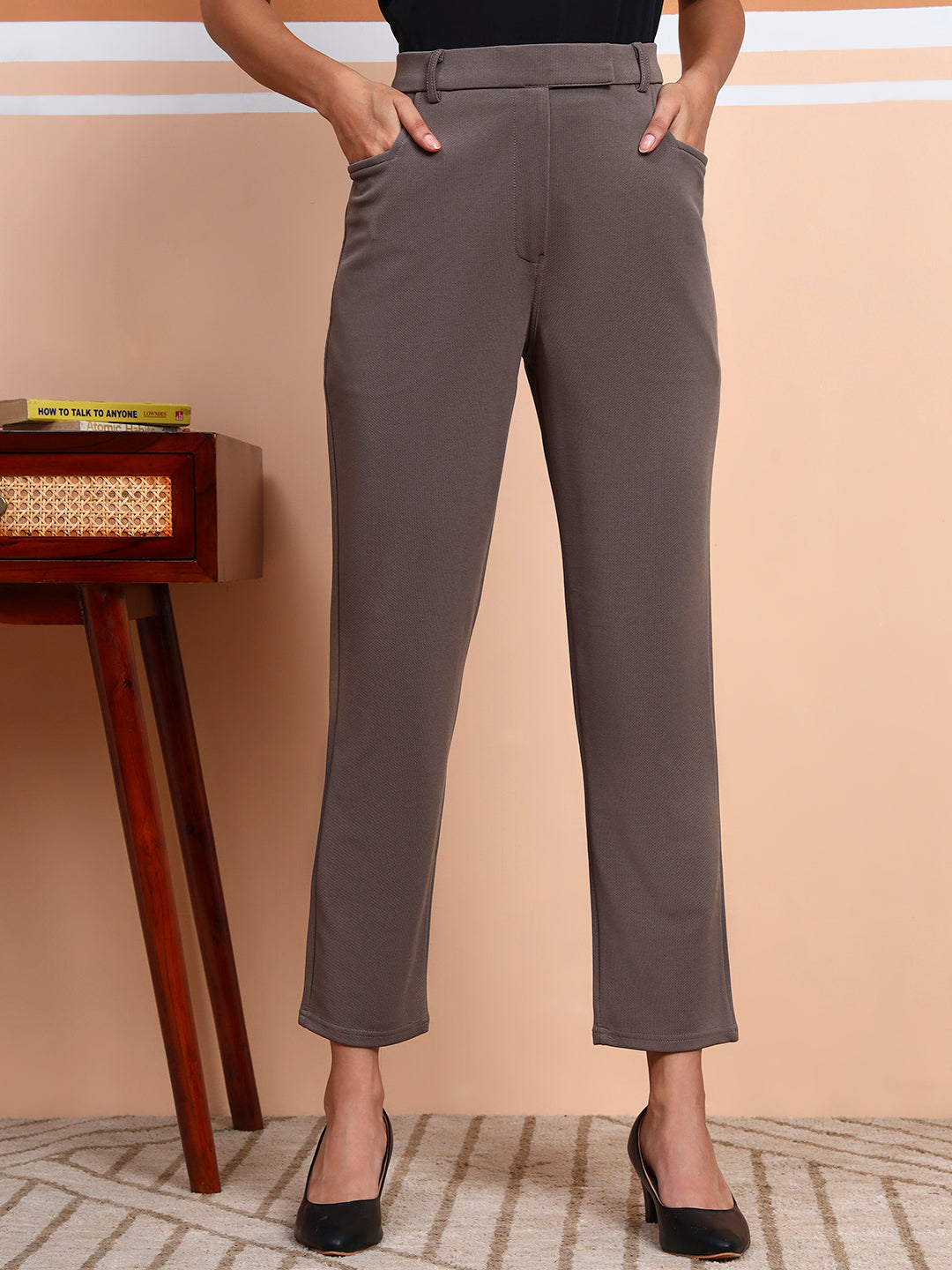 womens work straight high rise wrinkle free formal beige trousers