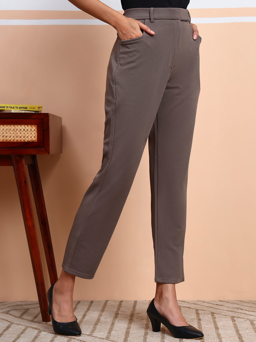 womens work straight high rise wrinkle free formal beige trousers
