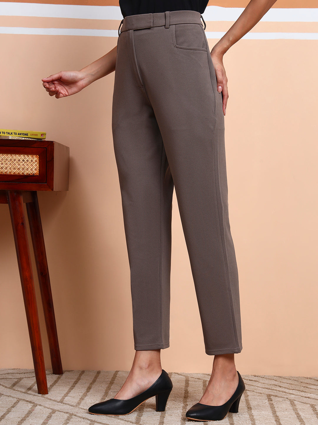 womens work straight high rise wrinkle free formal beige trousers