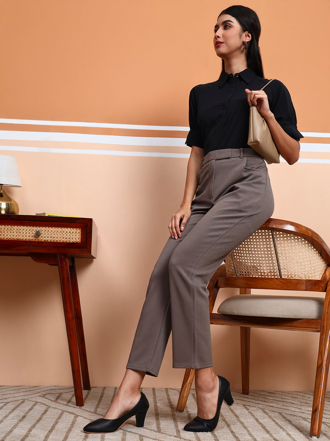 womens work straight high rise wrinkle free formal beige trousers