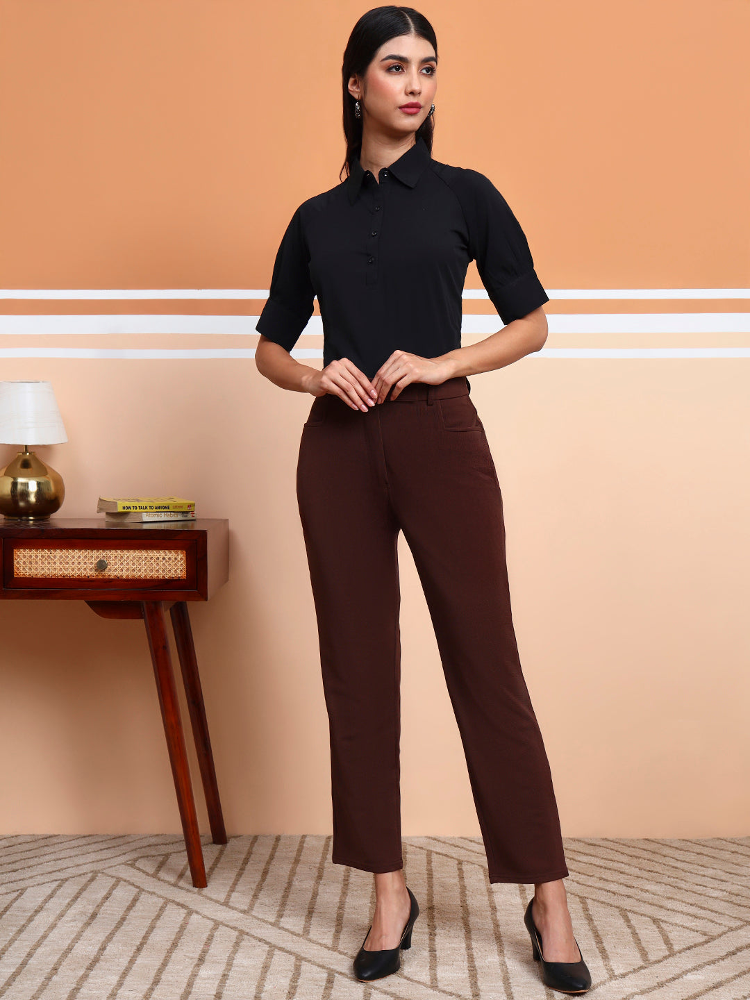 womens work straight high rise wrinkle free formal beige trousers