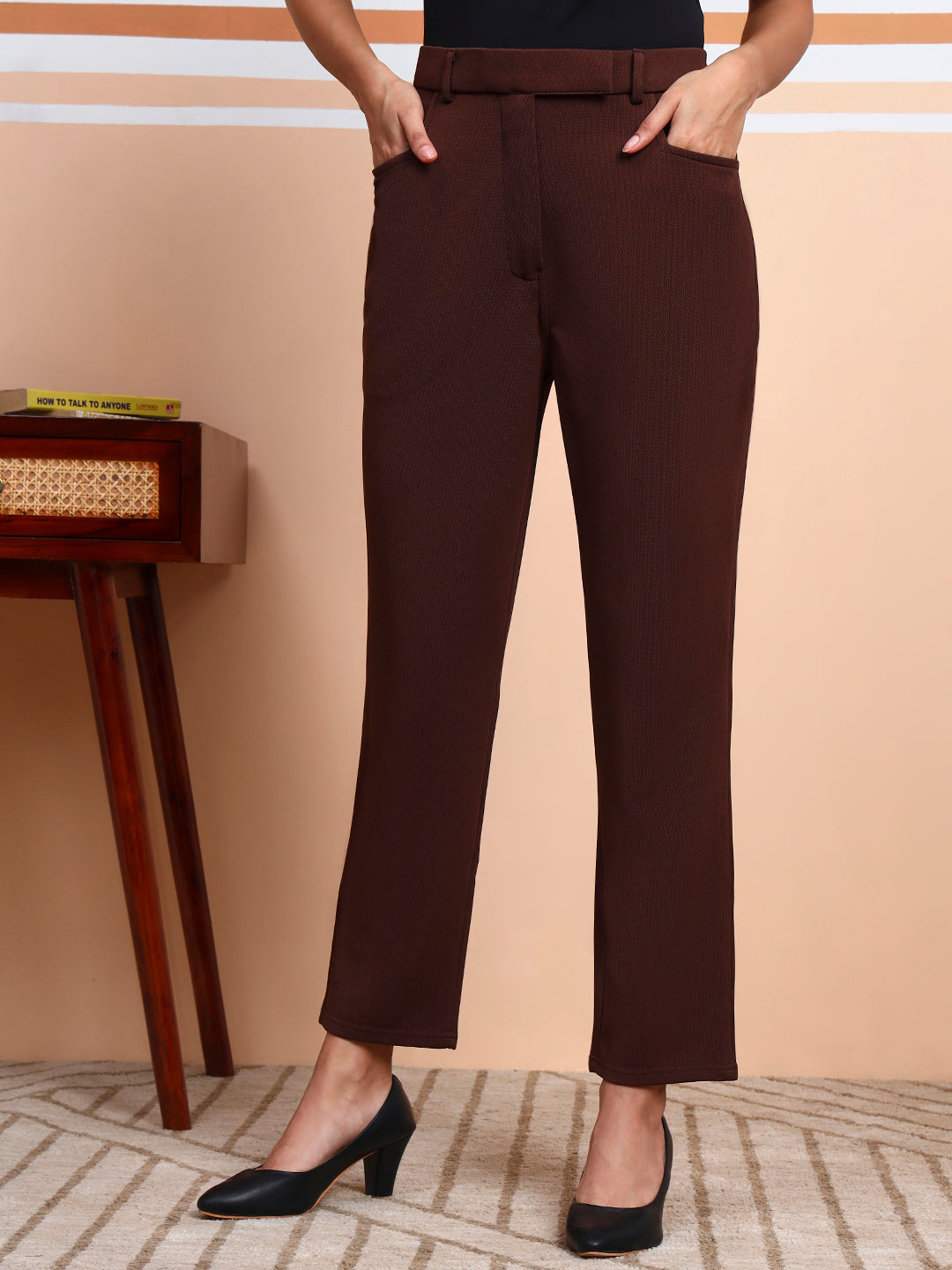 womens work straight high rise wrinkle free formal beige trousers