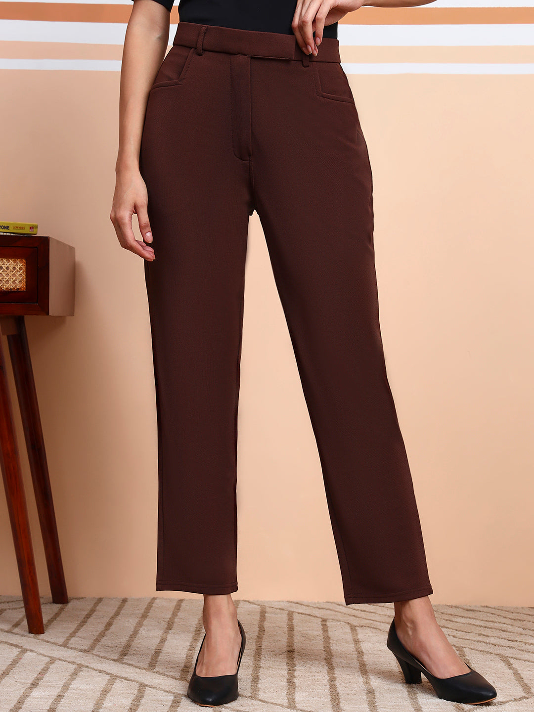 womens work straight high rise wrinkle free formal beige trousers