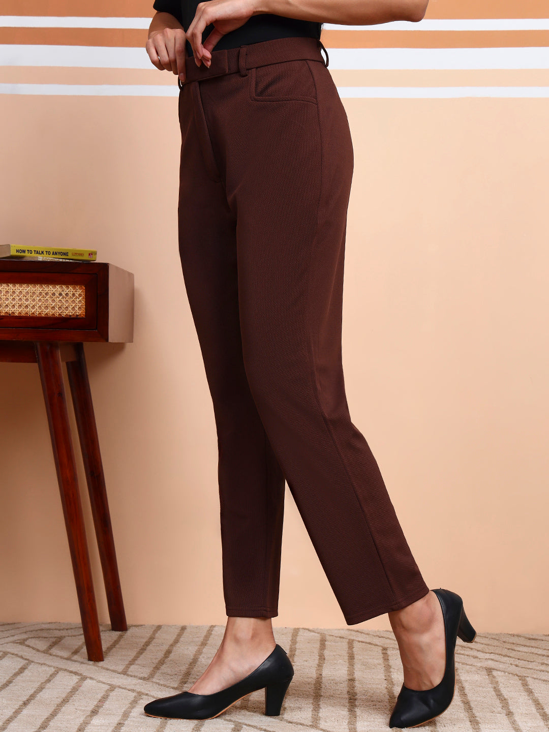 womens work straight high rise wrinkle free formal beige trousers