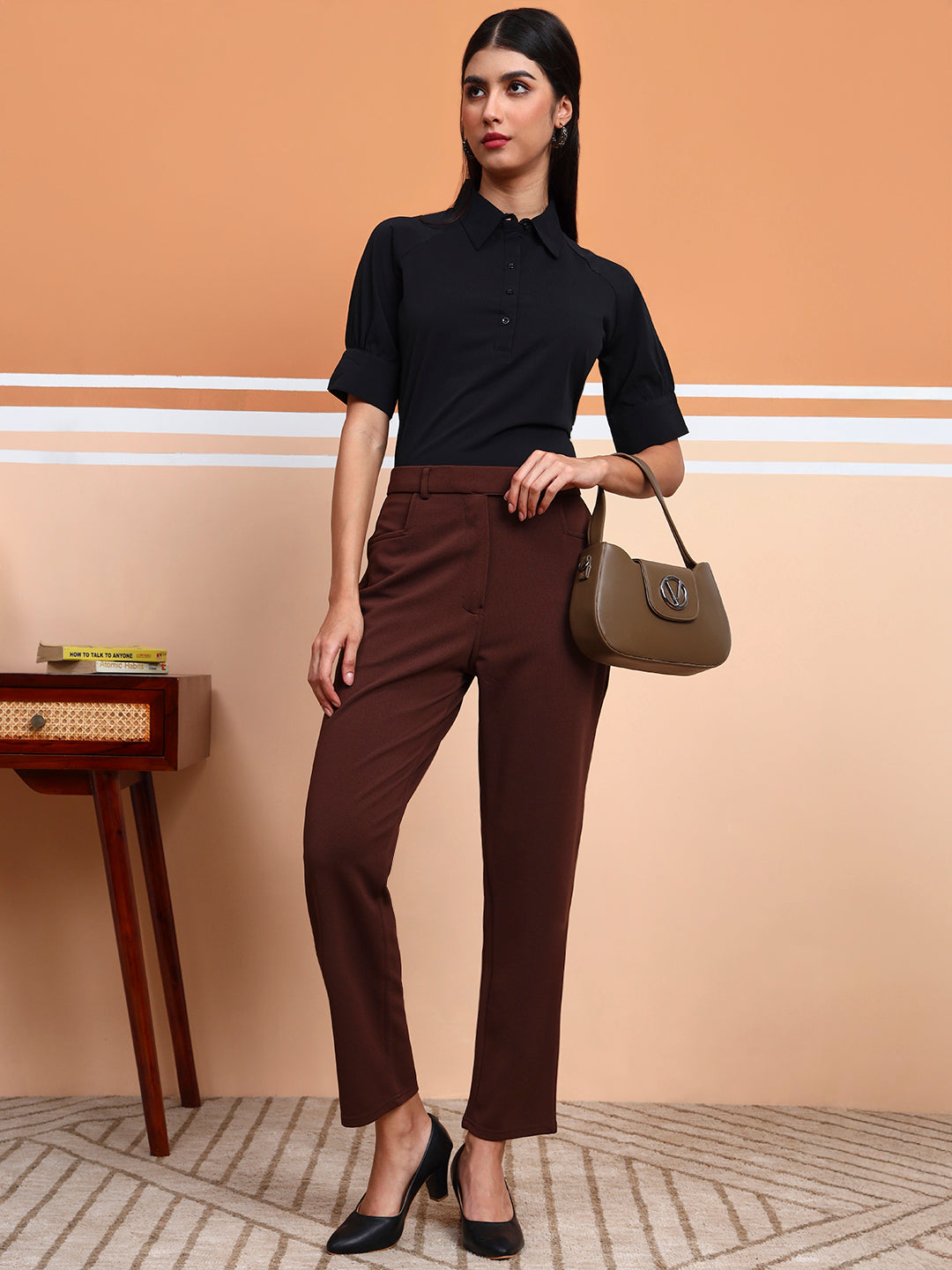 womens work straight high rise wrinkle free formal beige trousers