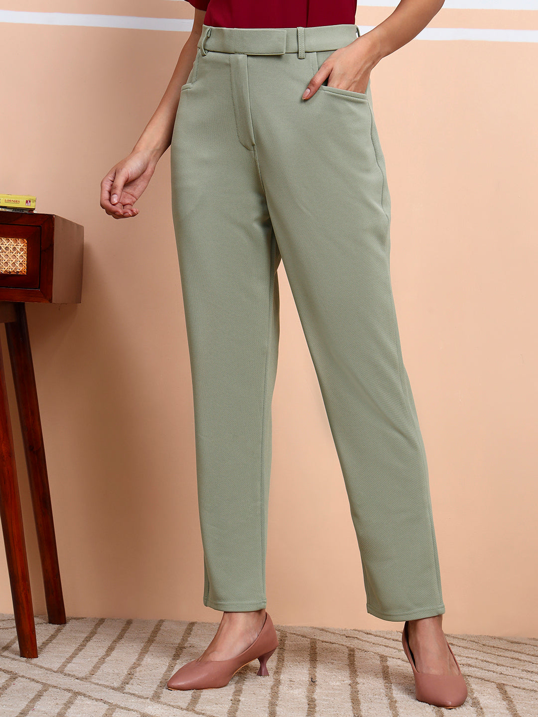 womens work straight high rise wrinkle free formal beige trousers