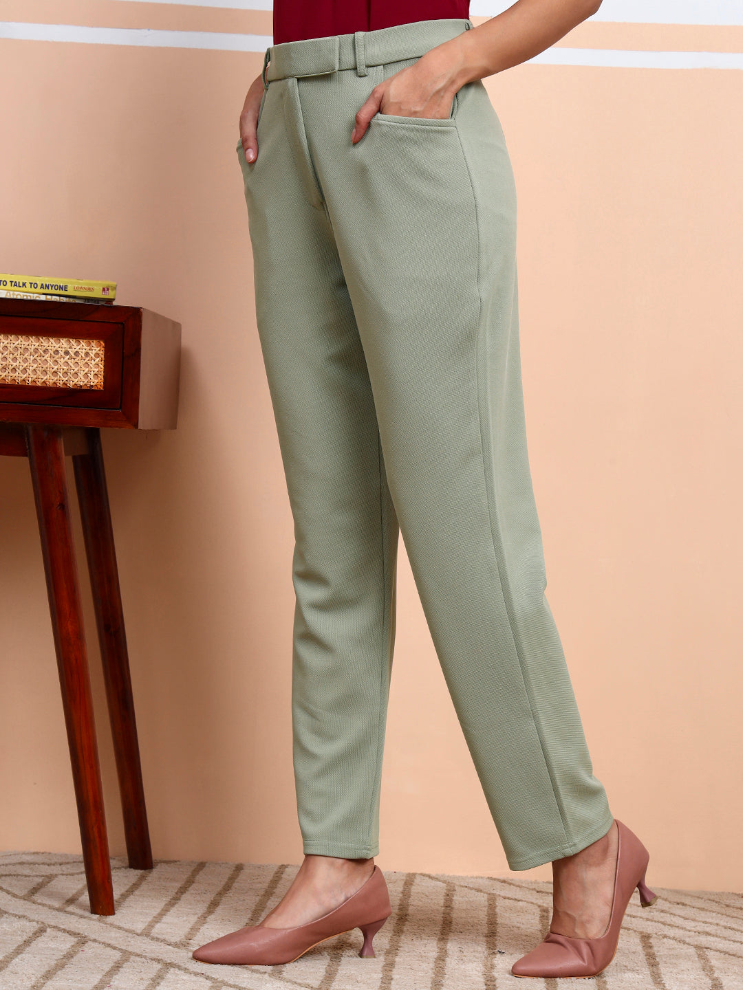 womens work straight high rise wrinkle free formal beige trousers