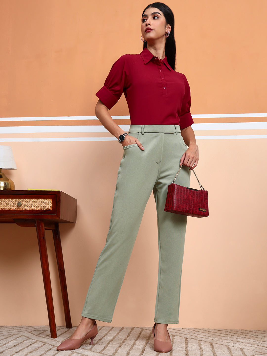 womens work straight high rise wrinkle free formal beige trousers