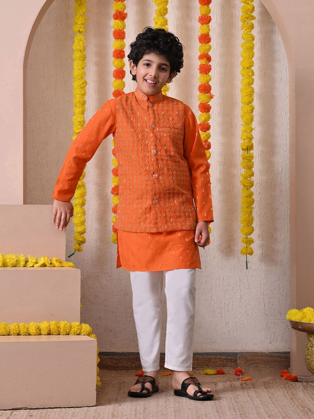Indi Loom Couture Boys Orange Kurta with Embroidered Jacket & Pyjama Set ILBKSJ03
