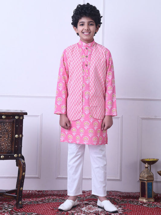 Indi Loom Couture Boys Pink Printed Kurta with Jacket & Pyjama Set ILBKSJ11