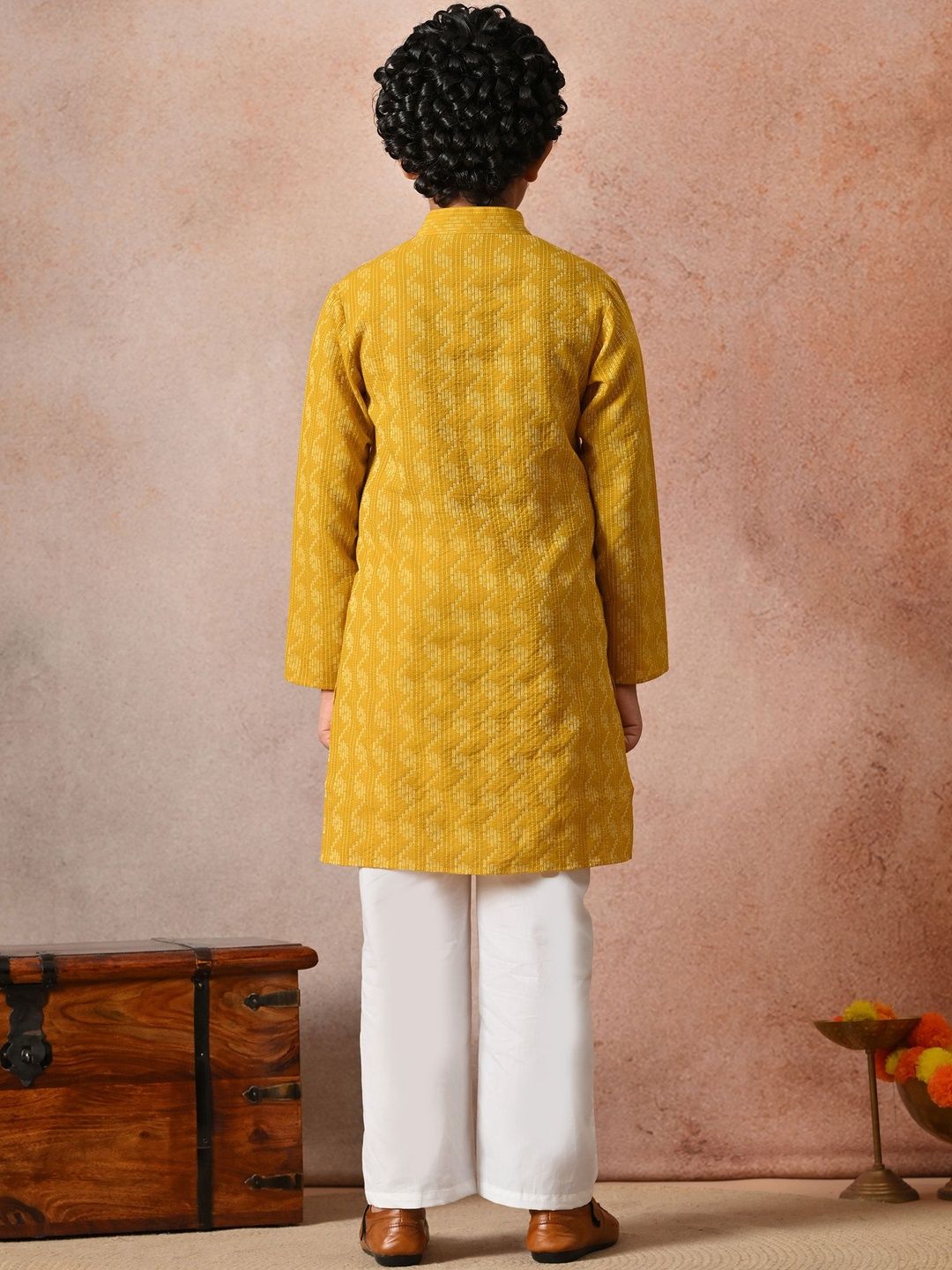 Indi Loom Couture Boys Mustard Yellow Self Design Ethnic Kurta with White Pajama Set ILBKS32