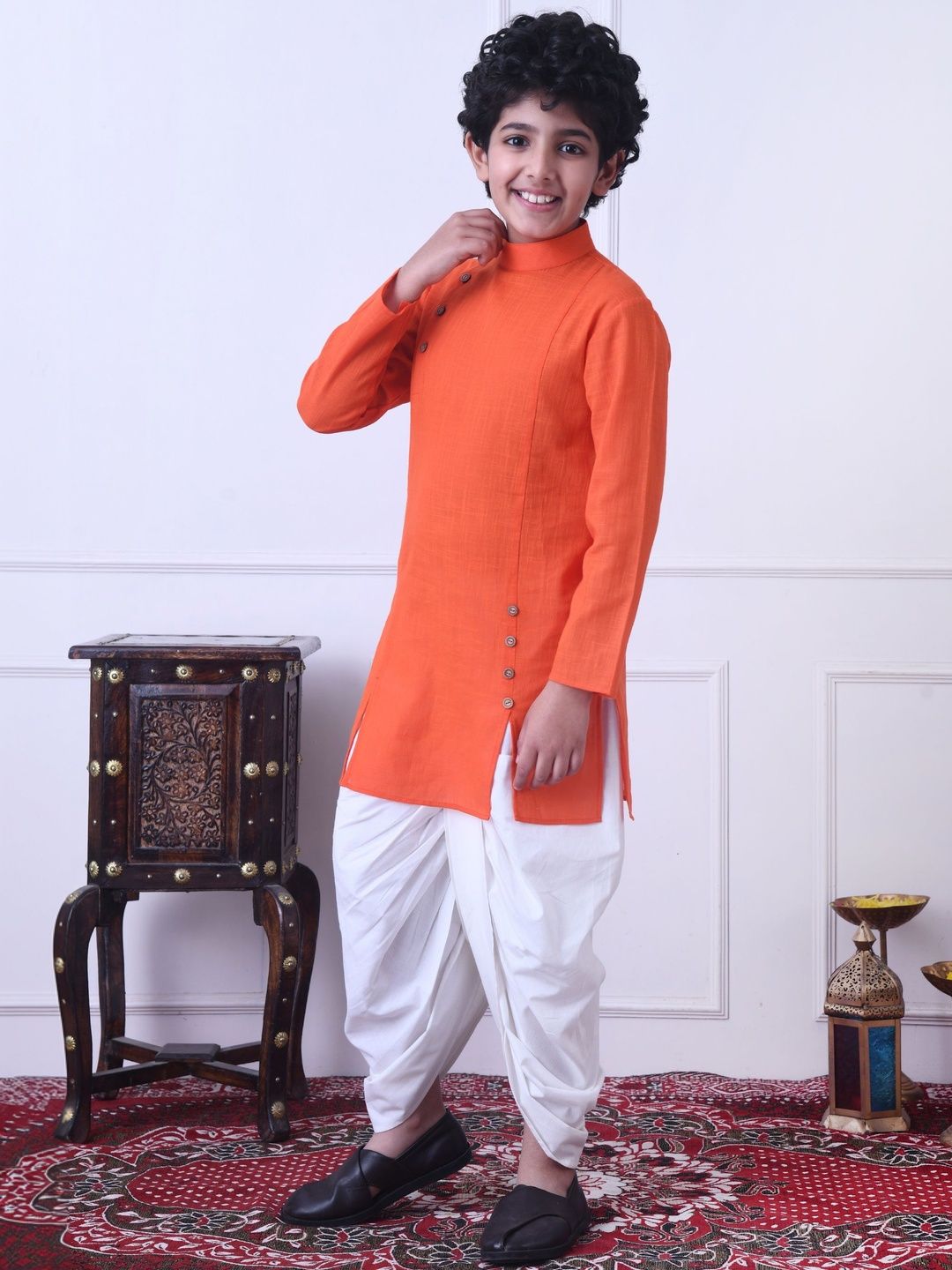Indi Loom Couture Boys Orange Solid Ethnic Kurta with Dhoti Pant Set ILBKS16