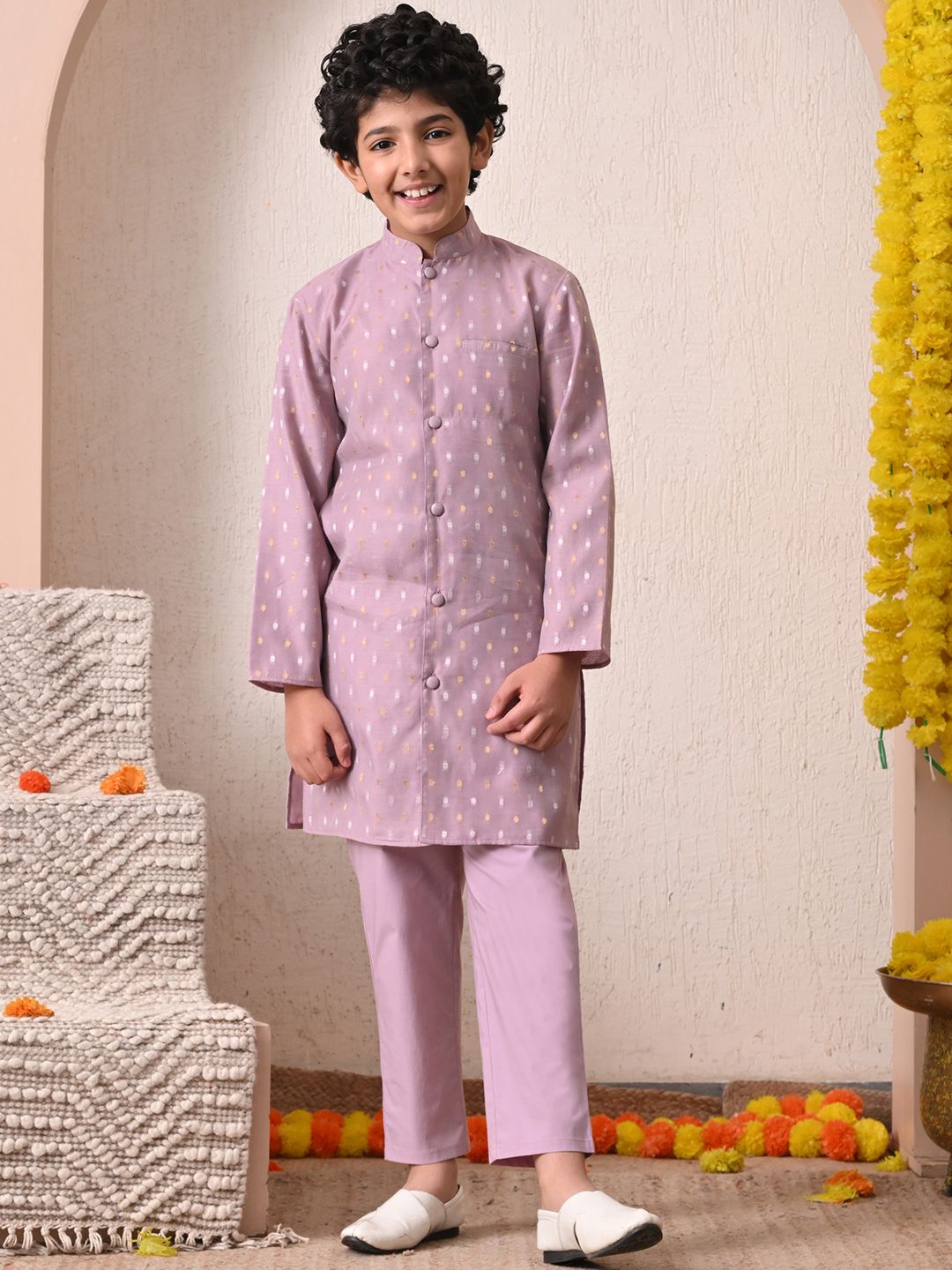 Indi Loom Couture Boys Lavender Chanderi Booti Kurta with Trouser Set ILBKS08
