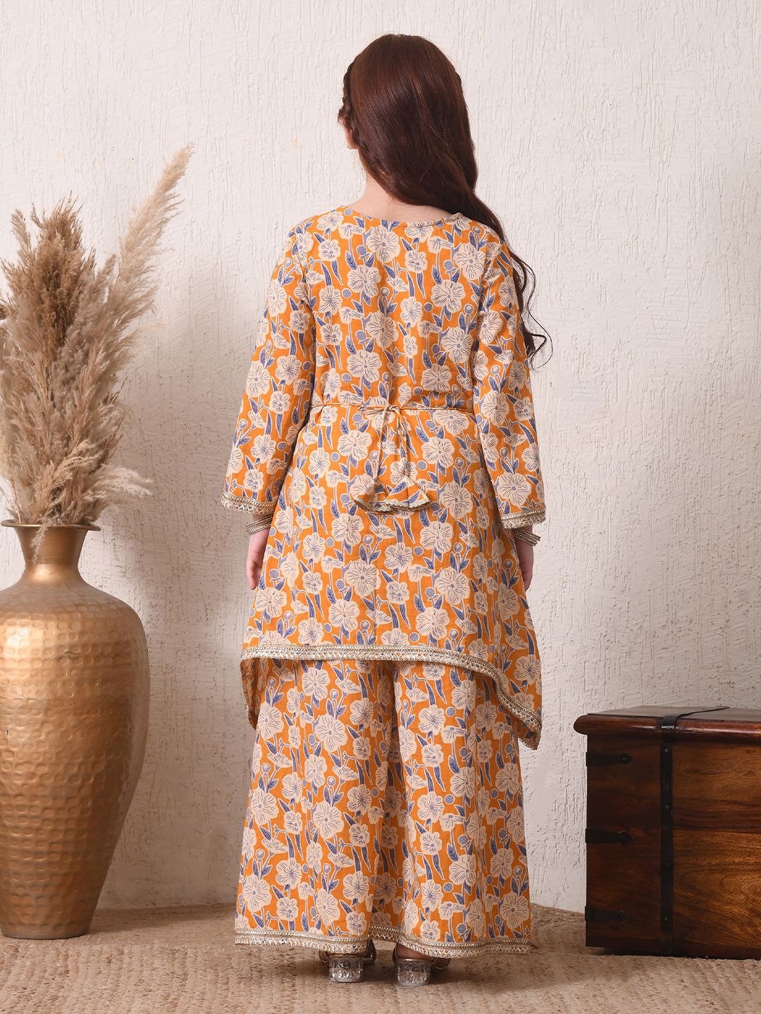 Indi Loom Couture Girls Mustard Floral Printed Kurta with Palazzo Set ILKS78