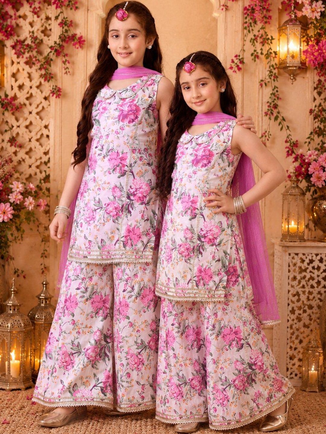 Girls White & Pink Floral Printed Kurta with Sharara and Dupatta Set ILKSD64