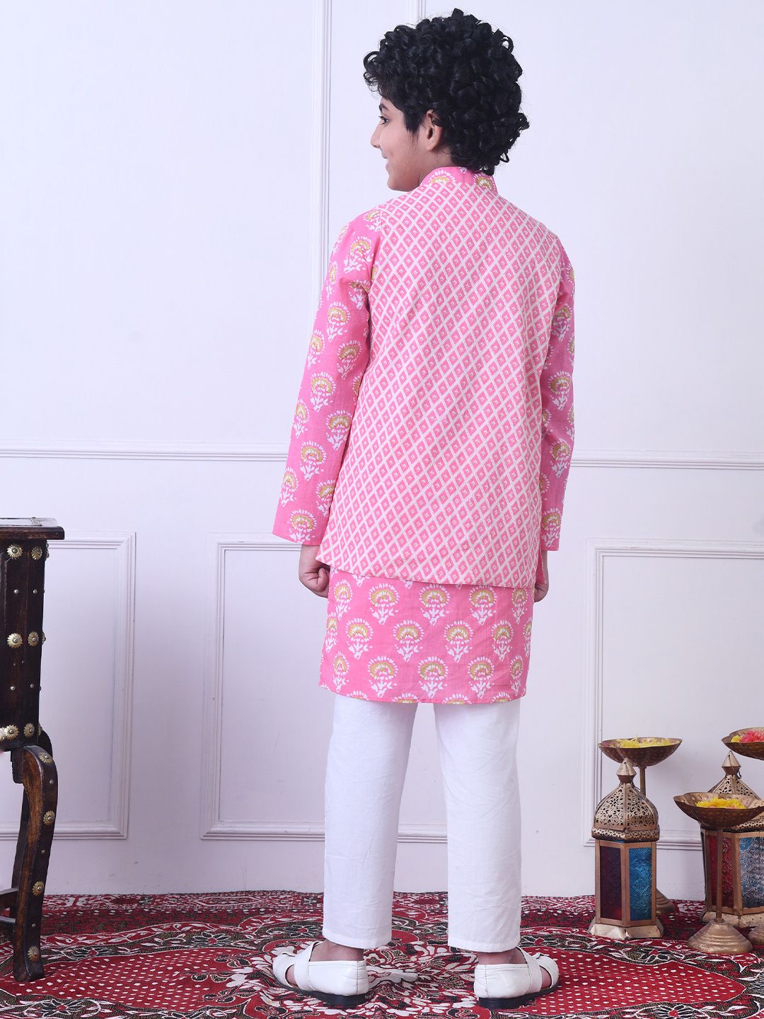 Indi Loom Couture Boys Pink Printed Kurta with Jacket & Pyjama Set ILBKSJ11