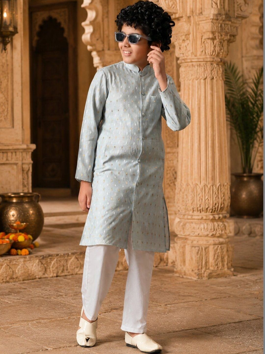 Indi Loom Couture Boys Blue Yarn Dyed Blazer Kurta with Pyjama Set ILBKS38