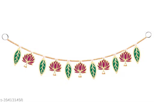 Toran with Wooden Kamal Folwer,Mango Leaves and Golden Bells , Size:-3 Feet