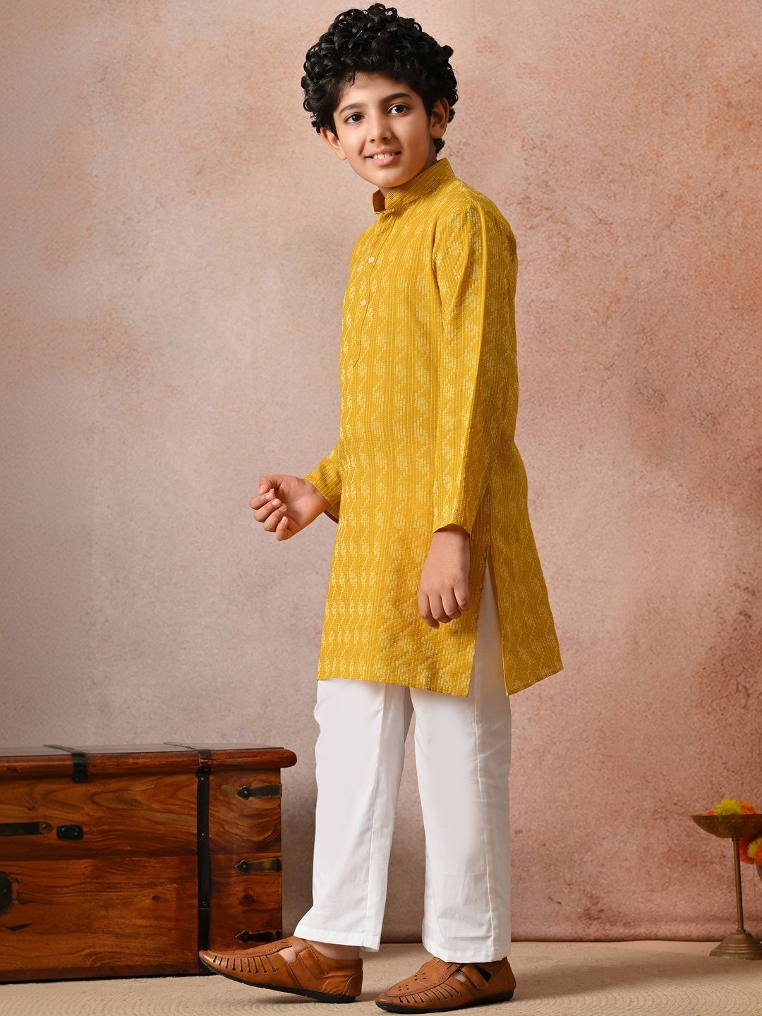 Indi Loom Couture Boys Mustard Yellow Self Design Ethnic Kurta with White Pajama Set ILBKS32