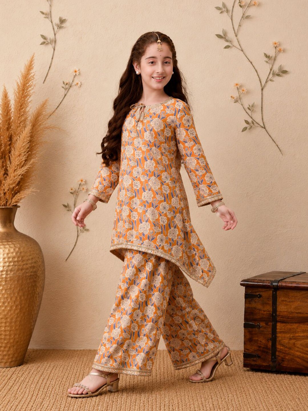Indi Loom Couture Girls Mustard Floral Printed Kurta with Palazzo Set ILKS78