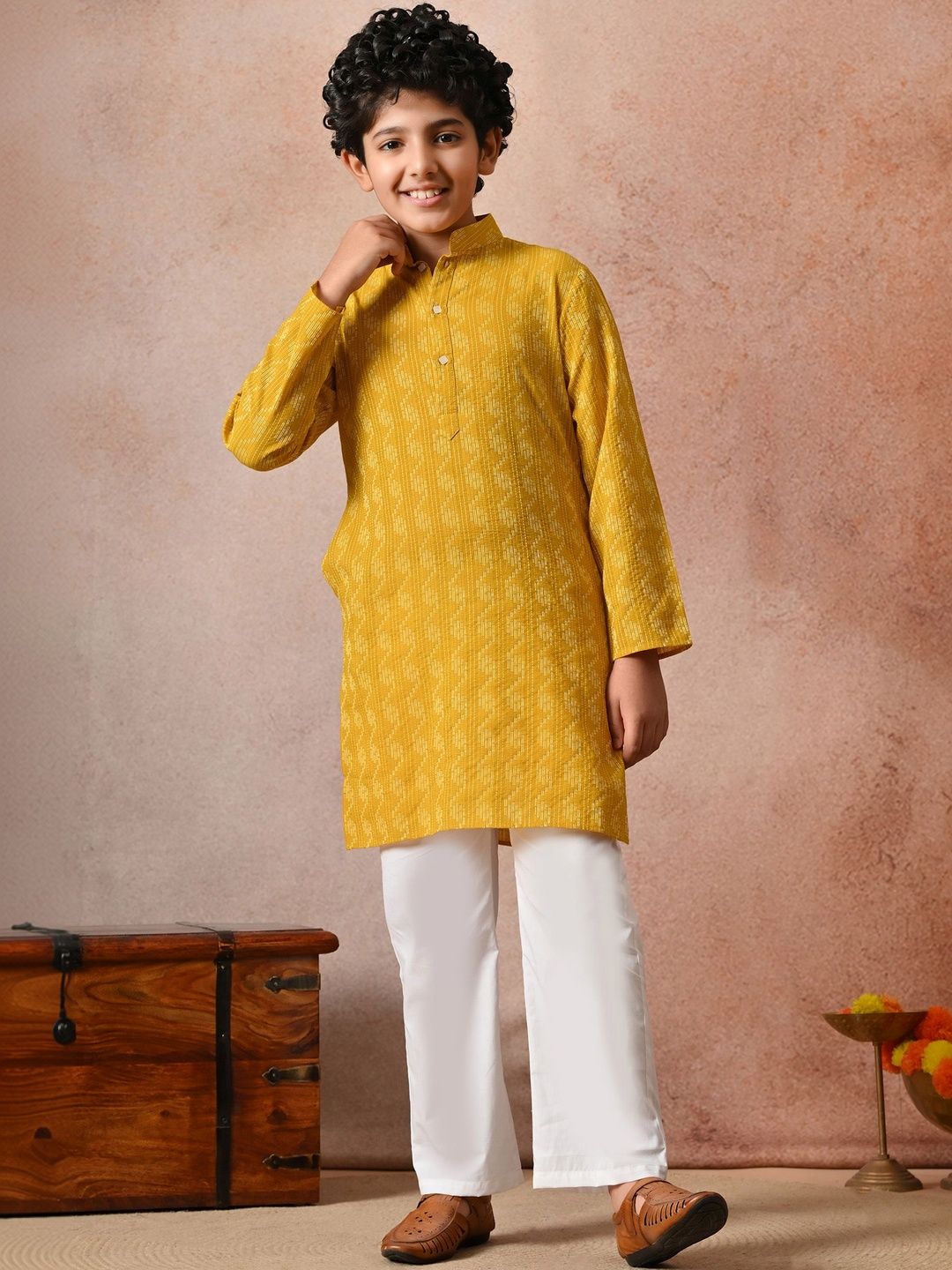 Indi Loom Couture Boys Mustard Yellow Self Design Ethnic Kurta with White Pajama Set ILBKS32