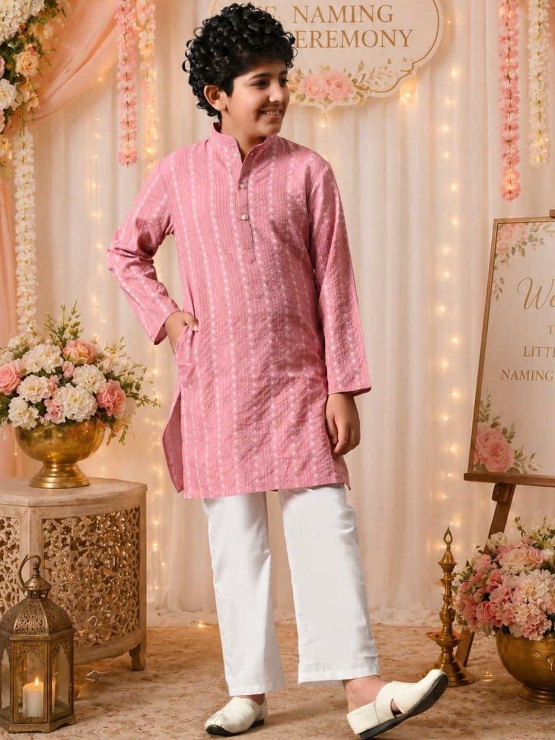 Indi Loom Couture Boys Pink Embroidered Kurta with Pyjama Set ILBKS34