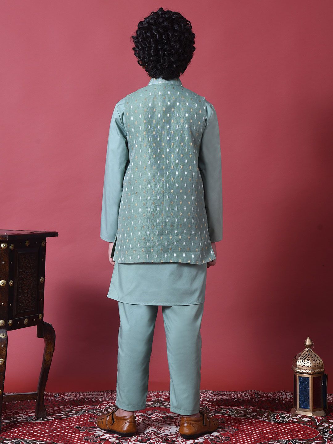 Indi Loom Couture Boys Mint Green Kurta with Chanderi Booti Jacket & Pyjama Set ILBKSJ06