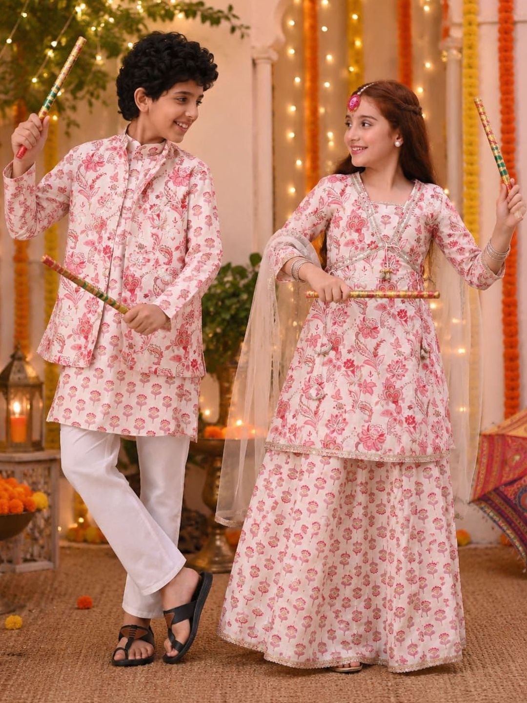 Indi Loom Couture Boys Off White Printed Kurta with Floral Jacket & Pyjama Set ILBKSJ23