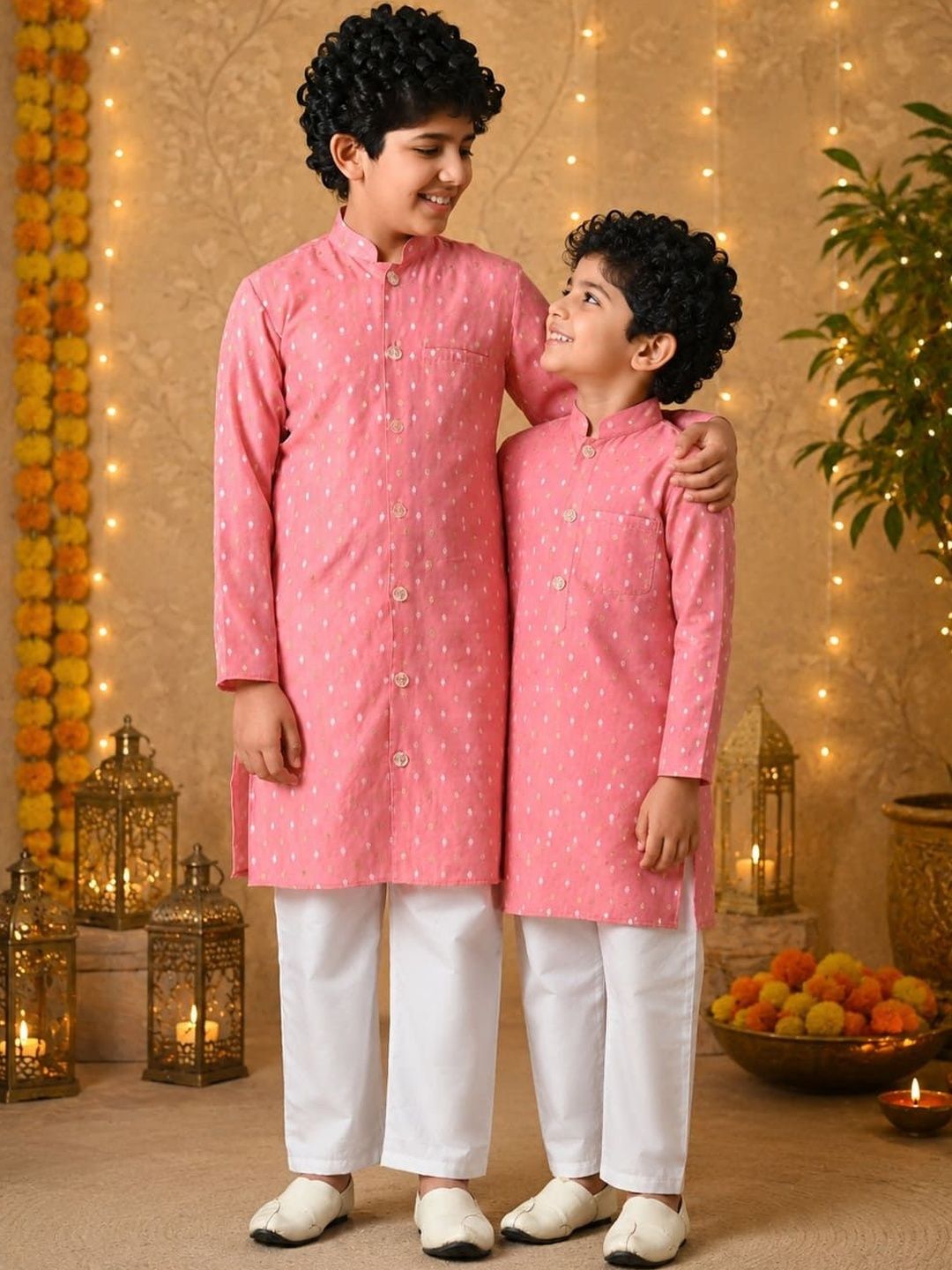Indi Loom Couture Boys Peach Chanderi Booti Blazer Kurta with Pyjama Set ILBKS36