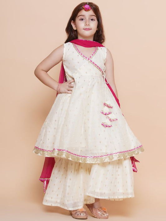 Silk blend Woven Sleeveless Woven Design Flared Kurta And Sharara With Dupatta Set - Offwhite