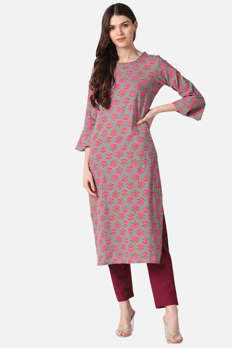dark beige cotton fabric printed fancy daily wear kurti vck1402