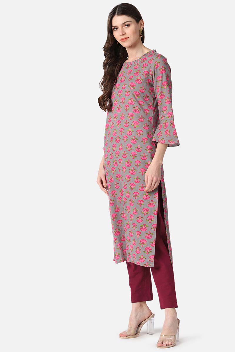 dark beige cotton fabric printed fancy daily wear kurti vck1402