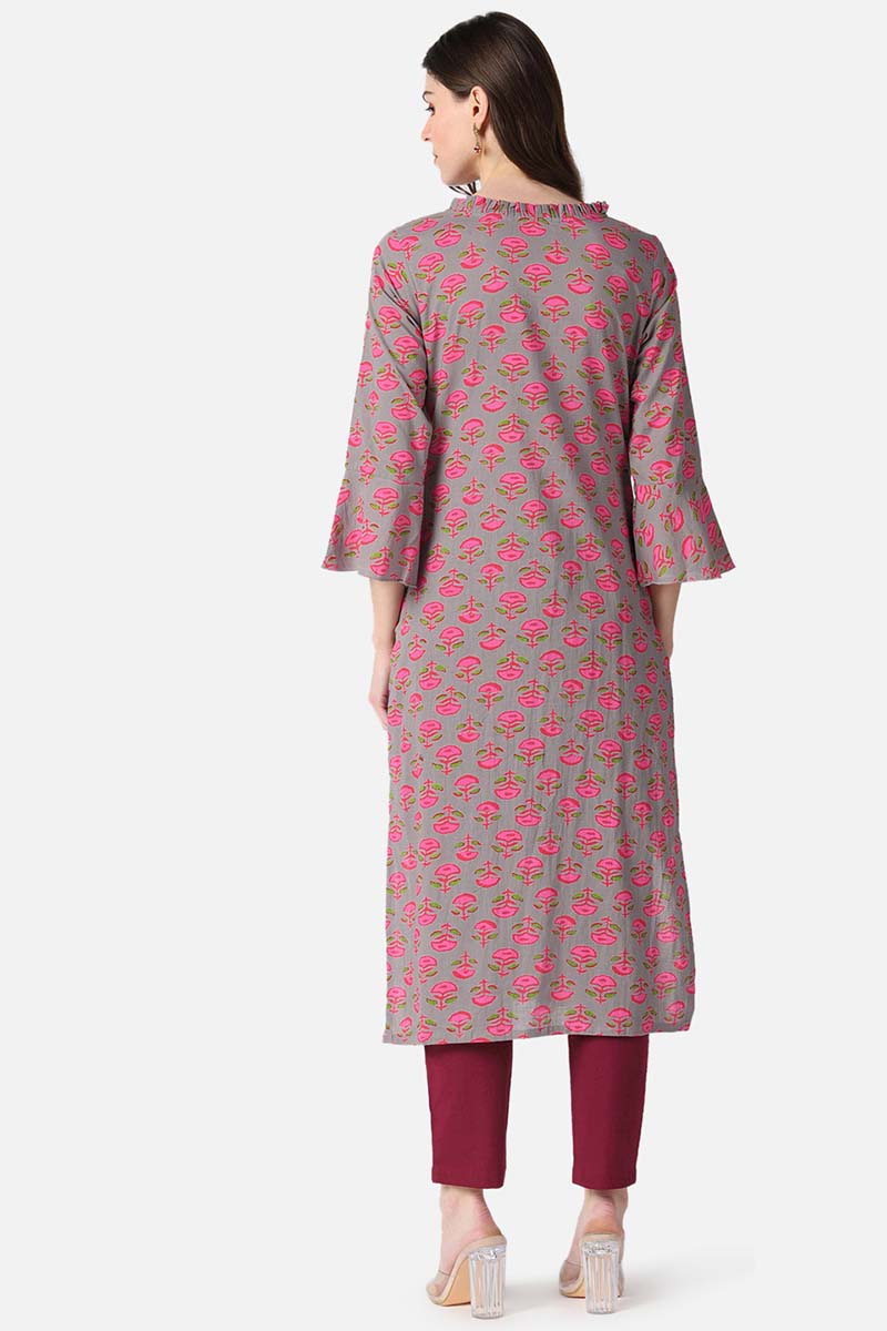 dark beige cotton fabric printed fancy daily wear kurti vck1402