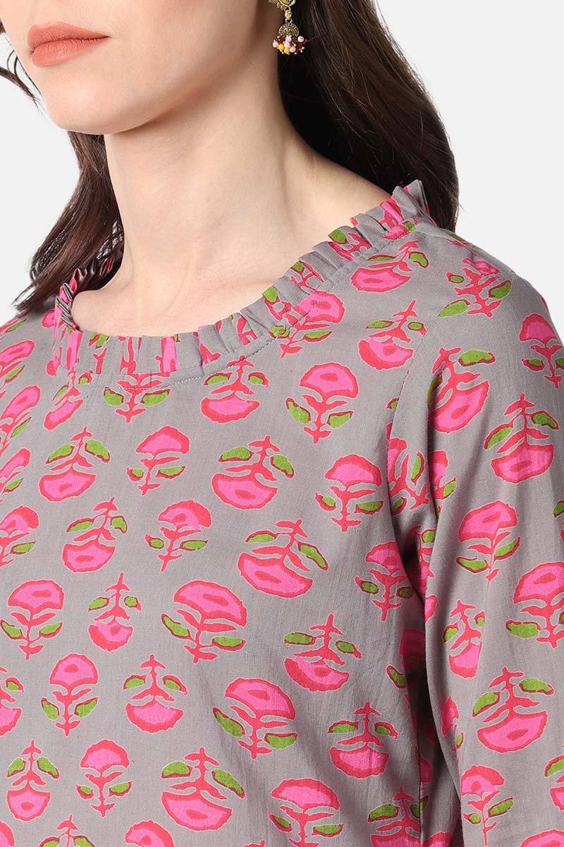 dark beige cotton fabric printed fancy daily wear kurti vck1402