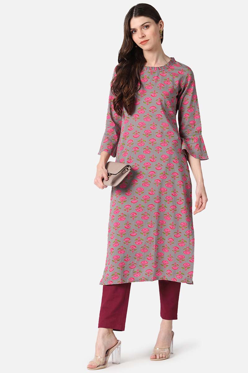 dark beige cotton fabric printed fancy daily wear kurti vck1402