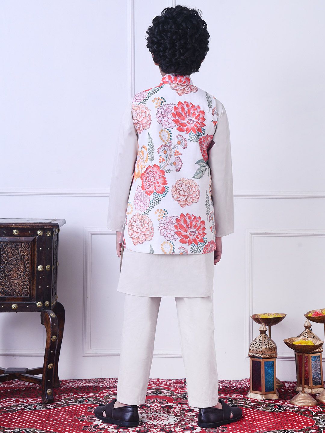 Indi Loom Couture Boys Off White Kurta with Floral Printed Jacket & Pyjama Set ILBKSJ21