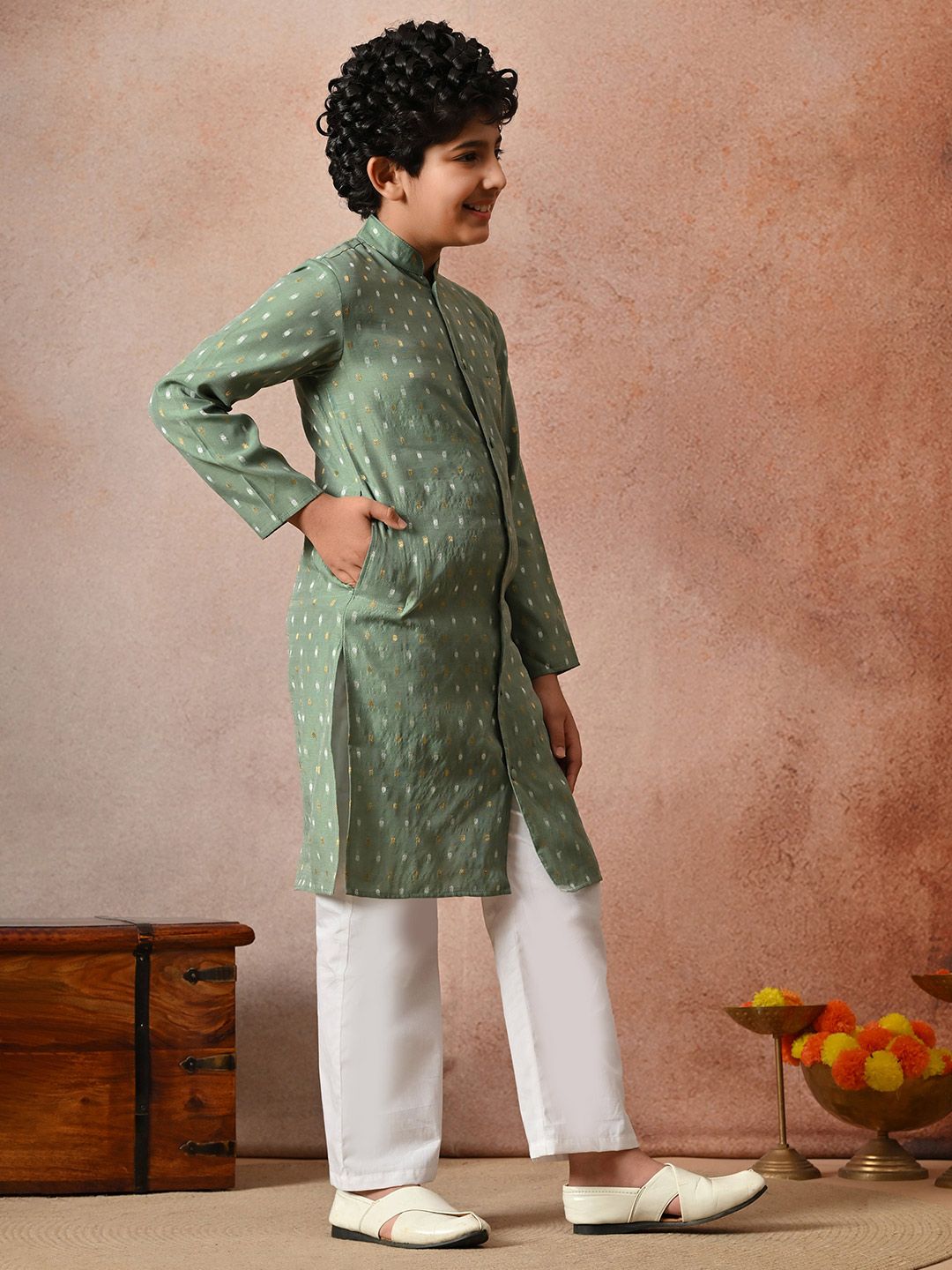 Indi Loom Couture Boys Green Chanderi Blazer Booti Kurta with Pyjama Set ILBKS37