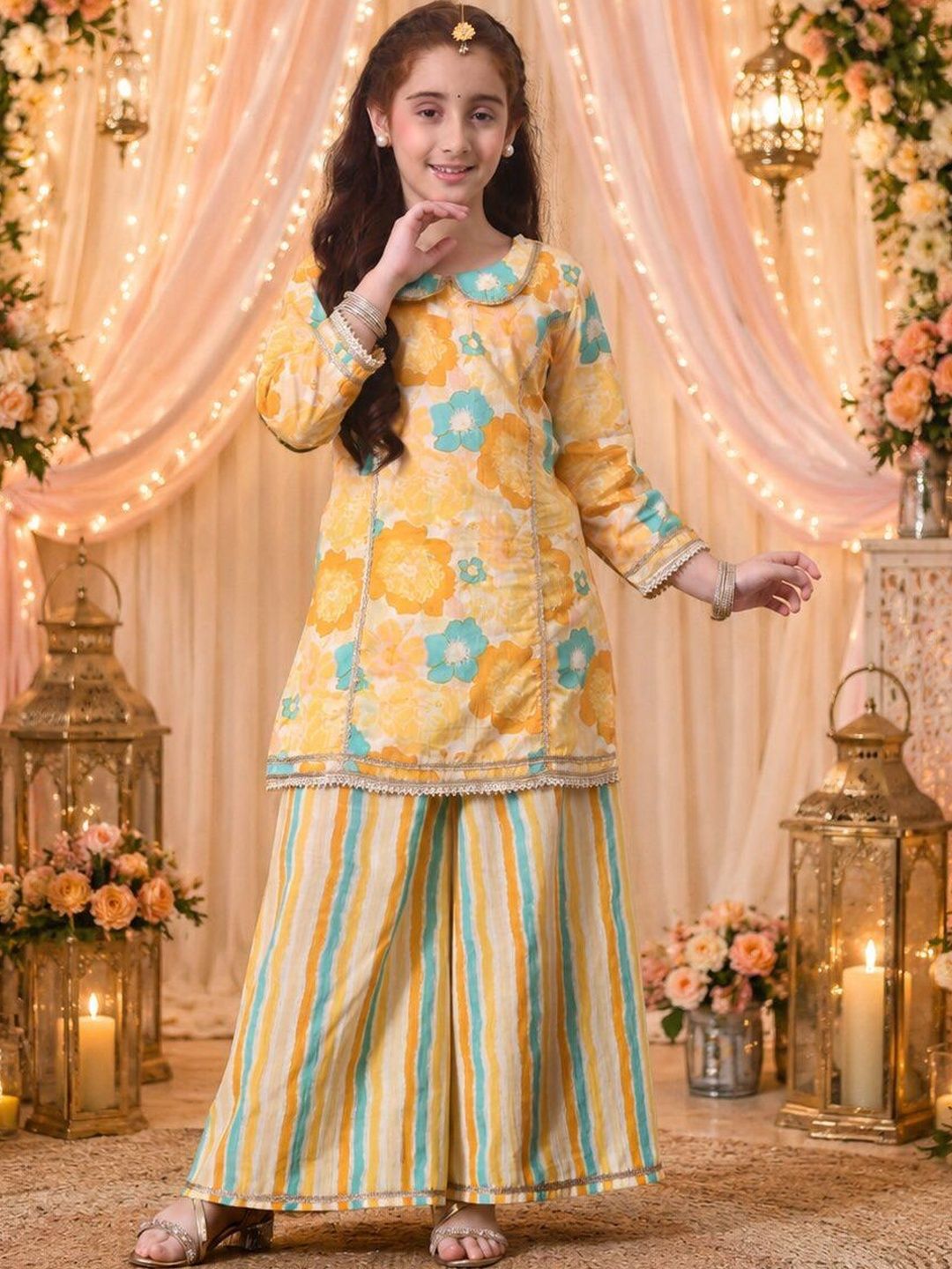 Indi Loom Couture Girls Yellow Floral Printed Kurta with Striped Palazzo Set ILKS76